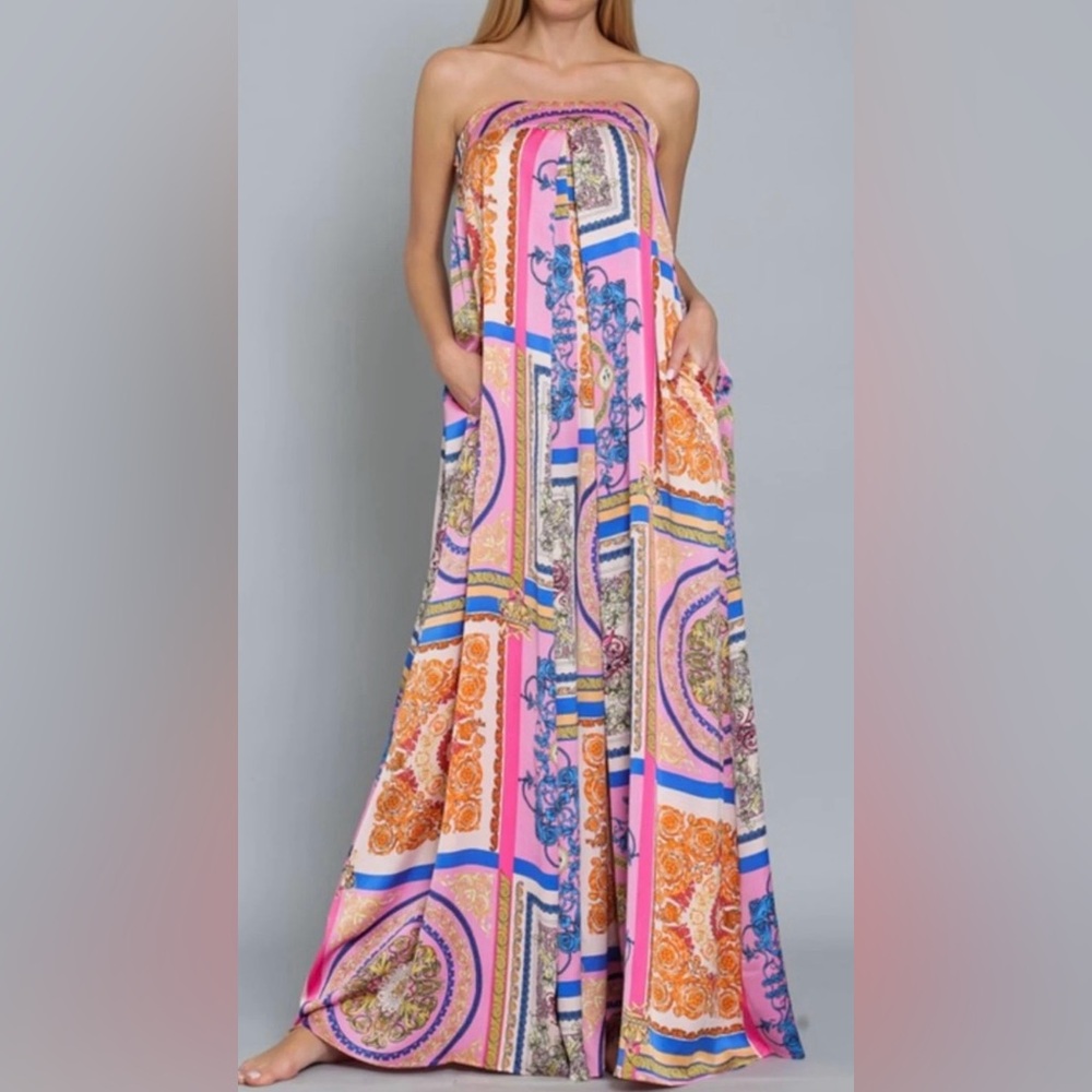 Multicolor Tube Tie Back Chest Elastic Waisted Oversized Jumpsuit